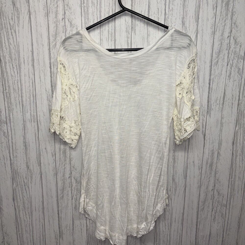 Womens Size S Free People Lace Sleeve Tee Ivory EUC - Picture 7 of 7